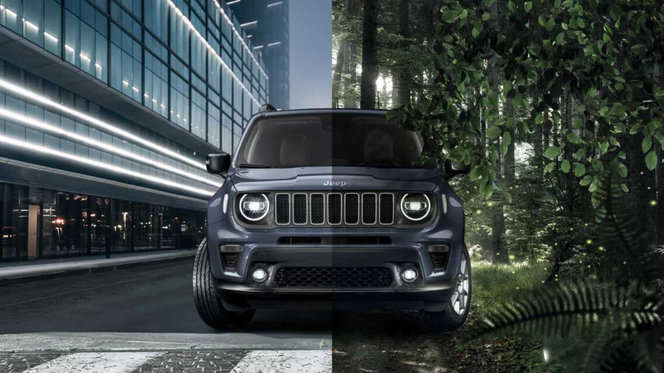 Jeep Renegade blau zur Hälfte Stadt und Land