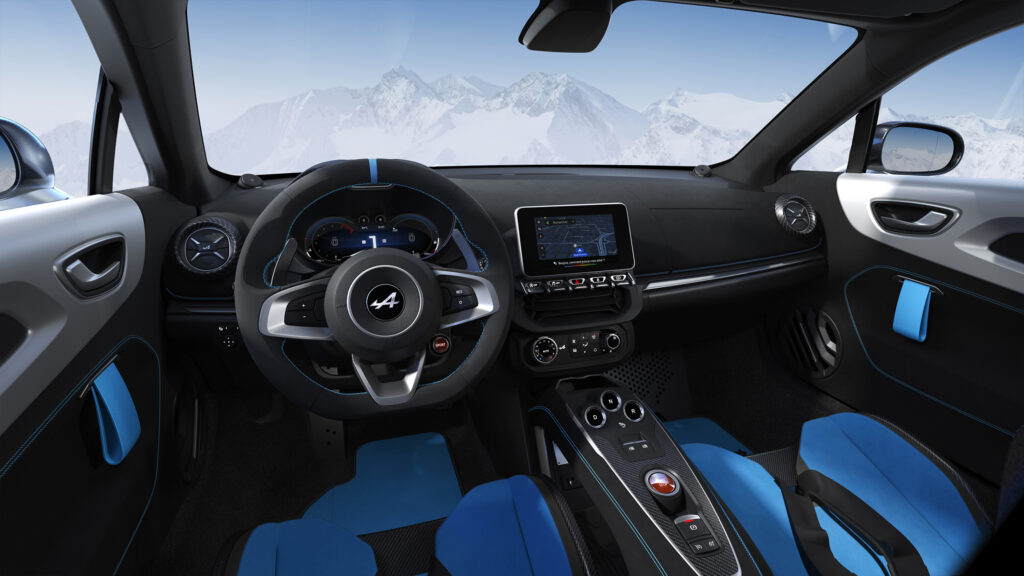 Alpine A110 R 70 Sportwagen Cockpit in Schwarz und Blau