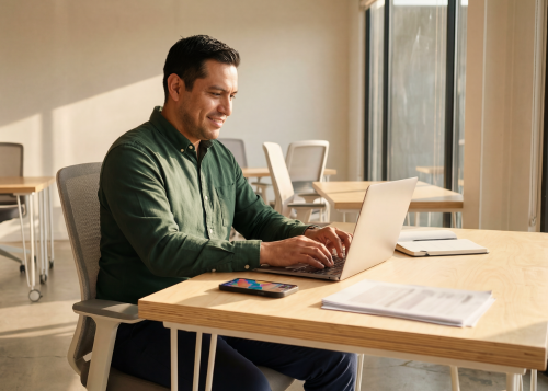 Manager sitzt im Büro am Laptop